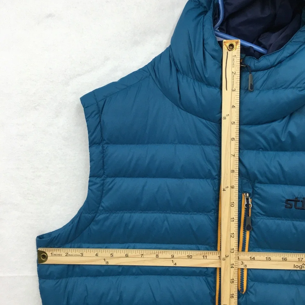 Stio Hometown Down Hooded Vest Mens Large Blue Goose Down Puffer Pertex Shell
